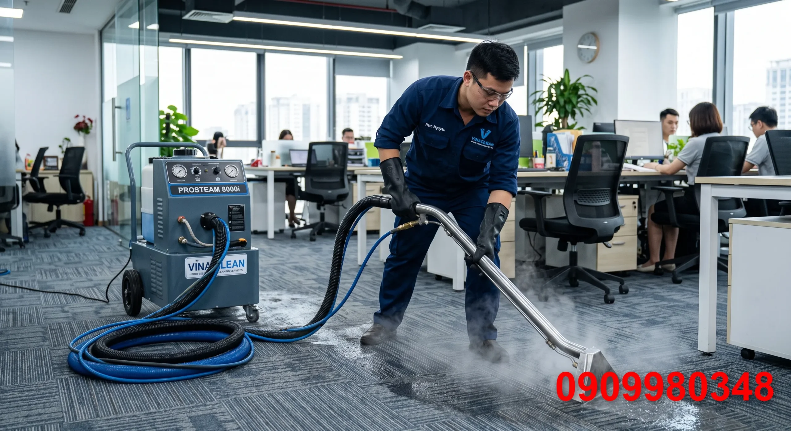 Dịch vụ vệ sinh chuyên sâu như giặt thảm văn phòng và lau kính