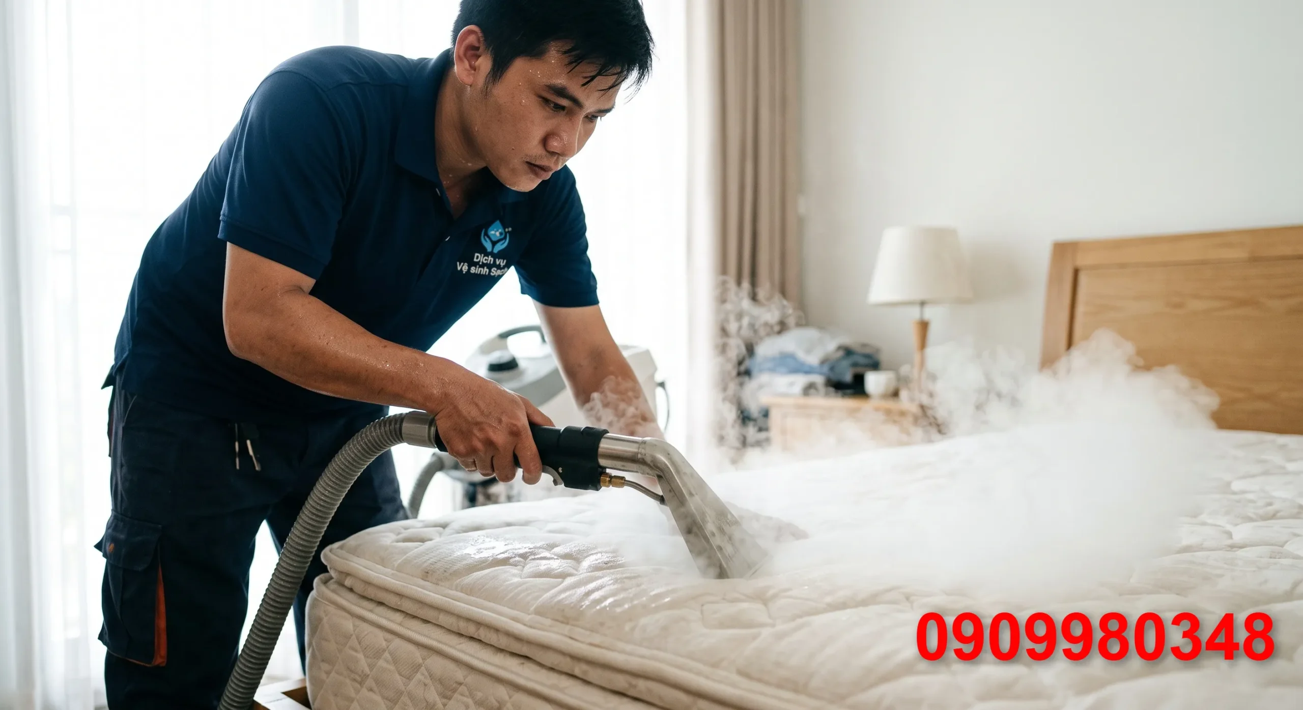 Kỹ thuật viên đang thực hiện quy trình làm sạch nệm bằng hơi nước nóng tiêu chuẩn.